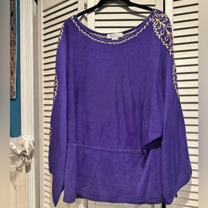 Diane von Furstenberg Silk Assets Top 1X Purple Gold Embroider Sweater 100% Silk